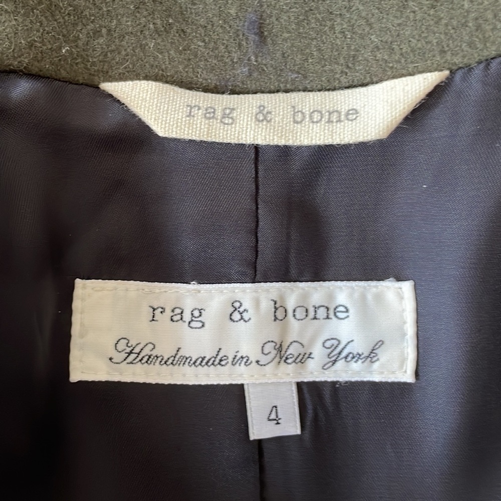 RAG & BONE wool army green peacoat w/ cream panel detail. Size 4 - Picture 8 of 9